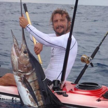 Kayak fishing off Tofo Beach. This sailfish chowed a halfbeak on a MYDO Livebaitswimmer, right in the backline