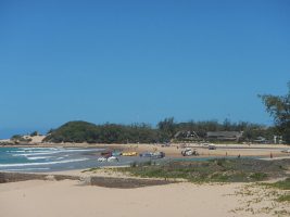 Looking over the surf launch towards Praia do Tofo and Casa Agodoal from Fatima's backpackers in Tofo