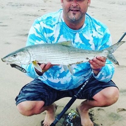 MYDO Team Member JP Bartholomew with a magnificent Bonefish taken on a MYDO SS Spoon on the KZN North Coast