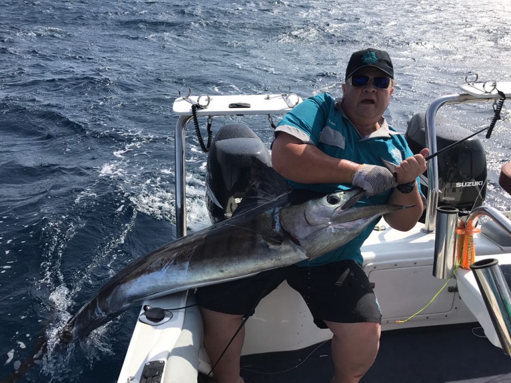 Len Mathews about to release a striped marlin at Zavora, Southern Mozambique