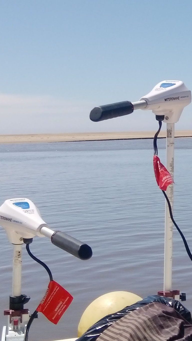 The TSLA Turtle is powered by various configurations of electric outboards. Giving a total maximum hp of around 10. Useable for about two solid hours before a battery change is necessary. The boat carries three monster 105 amp hour batteries.