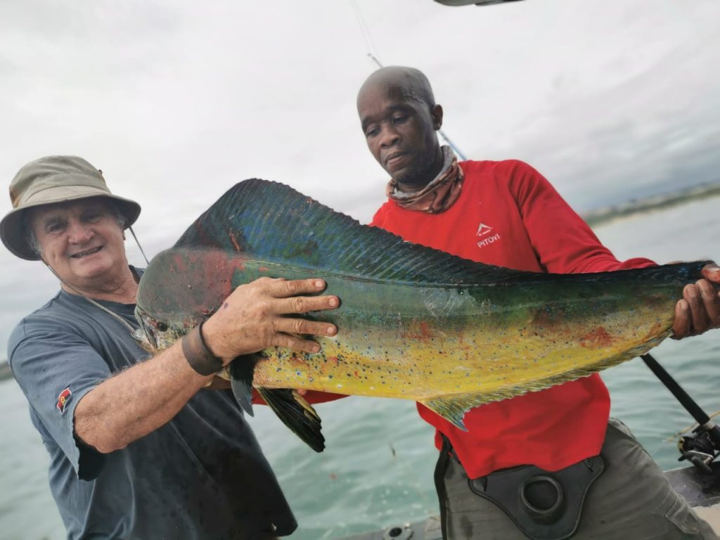 Brian Lange and Bongani Pitoyi both super stoked on a December 2020 bull dorado taken off Sheppy