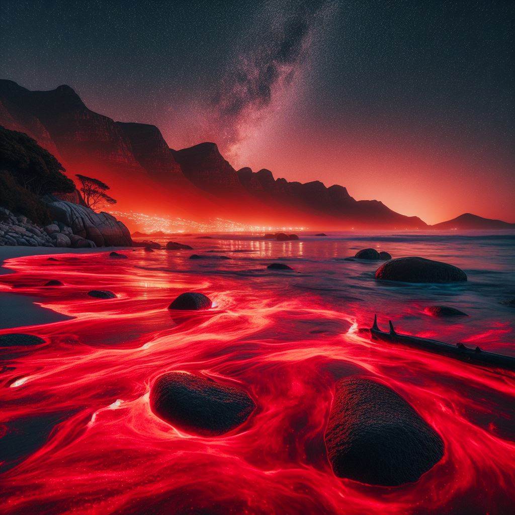 Red tide glowing at night in False Bay