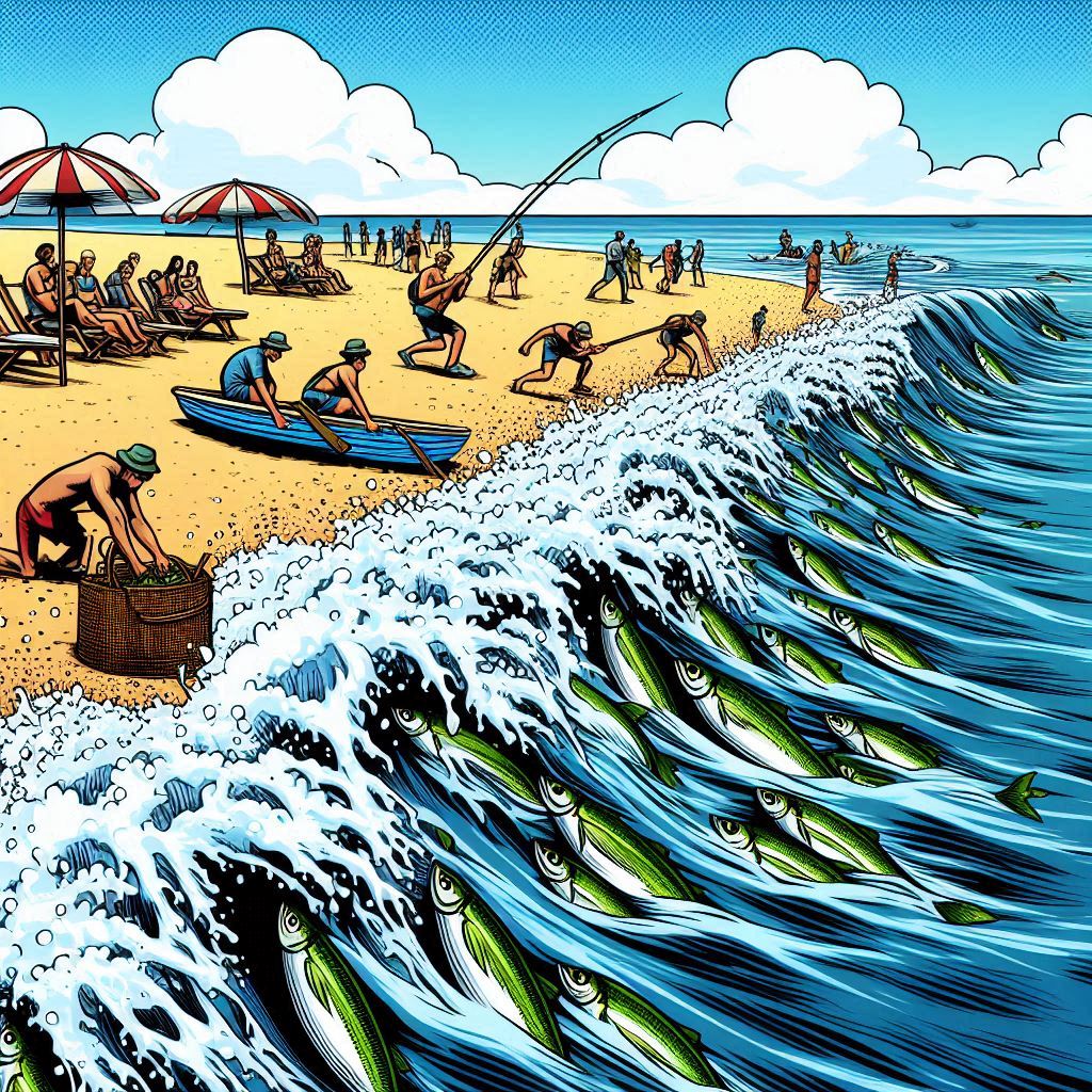 A comic-style scene of people catching sardines on the beach